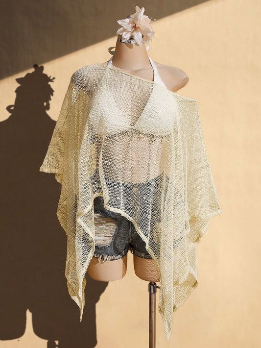ICON Women's Plus Size Beige Summer Boho Beach Holiday Knitted Sun Protection Cover-Up, Retro Y2K Off-Shoulder Asymmetric Hem Loose Textured Shawl Top