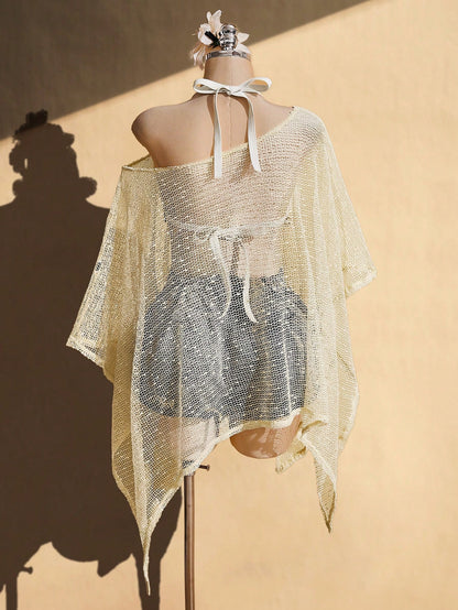 ICON Women's Plus Size Beige Summer Boho Beach Holiday Knitted Sun Protection Cover-Up, Retro Y2K Off-Shoulder Asymmetric Hem Loose Textured Shawl Top
