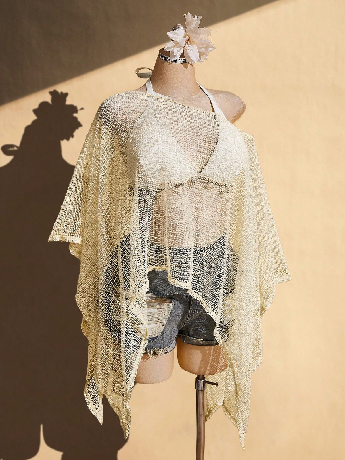 ICON Women's Plus Size Beige Summer Boho Beach Holiday Knitted Sun Protection Cover-Up, Retro Y2K Off-Shoulder Asymmetric Hem Loose Textured Shawl Top