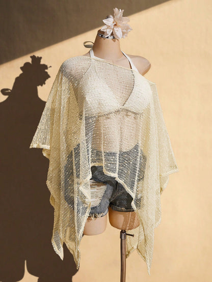 ICON Women's Plus Size Beige Summer Boho Beach Holiday Knitted Sun Protection Cover-Up, Retro Y2K Off-Shoulder Asymmetric Hem Loose Textured Shawl Top