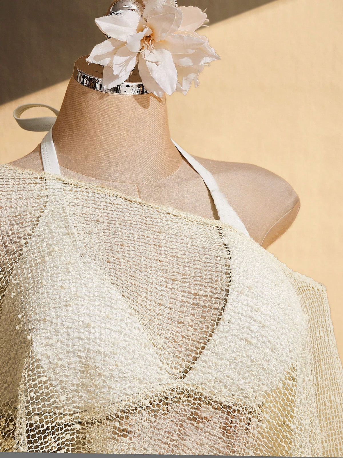 ICON Women's Plus Size Beige Summer Boho Beach Holiday Knitted Sun Protection Cover-Up, Retro Y2K Off-Shoulder Asymmetric Hem Loose Textured Shawl Top