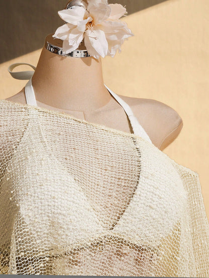 ICON Women's Plus Size Beige Summer Boho Beach Holiday Knitted Sun Protection Cover-Up, Retro Y2K Off-Shoulder Asymmetric Hem Loose Textured Shawl Top