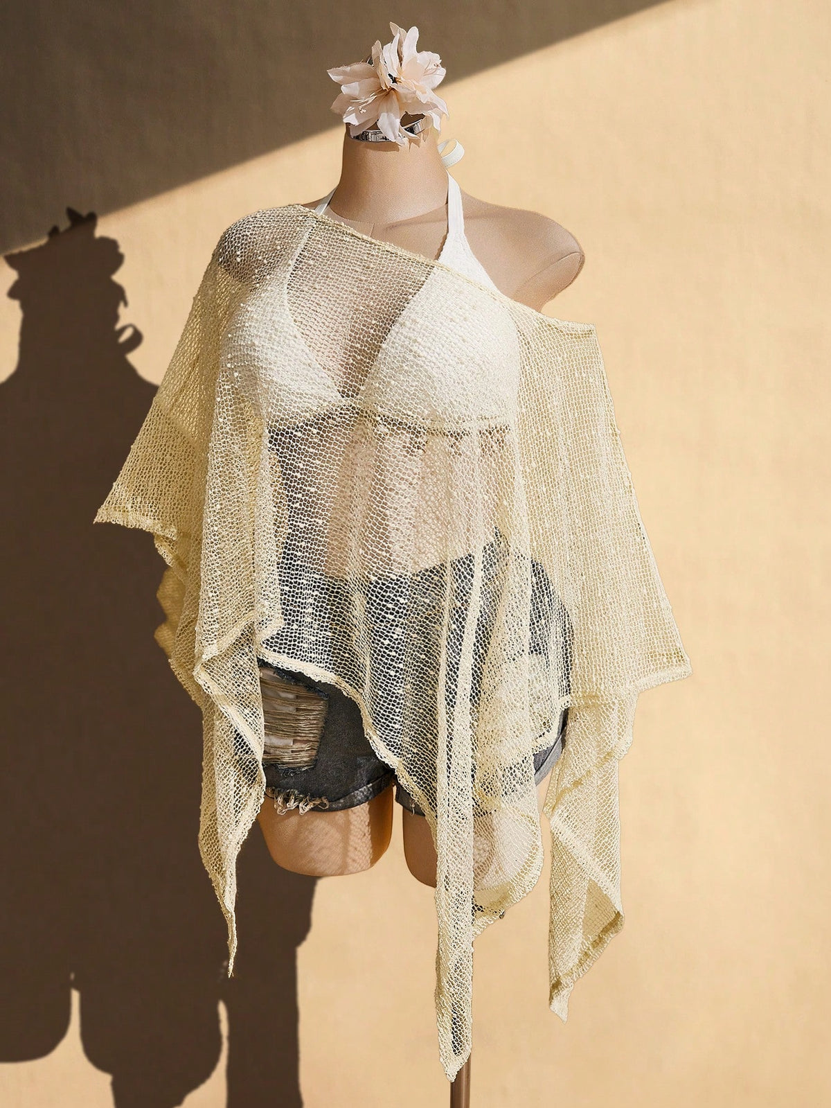 ICON Women's Plus Size Beige Summer Boho Beach Holiday Knitted Sun Protection Cover-Up, Retro Y2K Off-Shoulder Asymmetric Hem Loose Textured Shawl Top