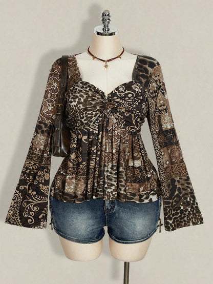 ICON Women's Plus Size Black Autumn Boho Vacation Y2K Leopard Paisley Mixed Print V-Neck Long Sleeve T-Shirt,Retro Knotted Flare Chest Brown Top