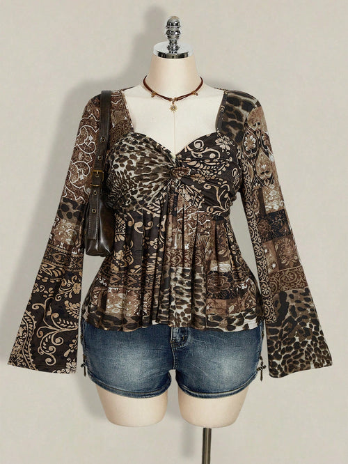 ICON Women's Plus Size Black Autumn Boho Vacation Y2K Leopard Paisley Mixed Print V-Neck Long Sleeve T-Shirt,Retro Knotted Flare Chest Brown Top