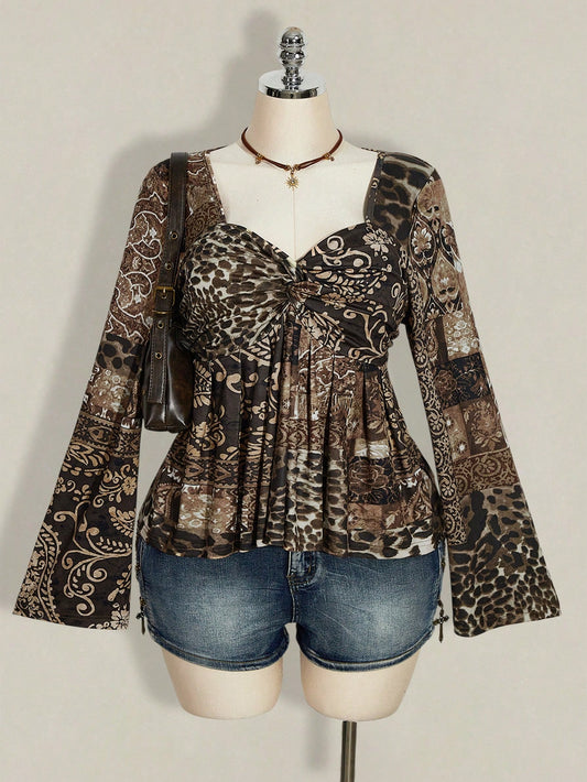 ICON Women's Plus Size Black Autumn Boho Vacation Y2K Leopard Paisley Mixed Print V-Neck Long Sleeve T-Shirt,Retro Knotted Flare Chest Brown Top