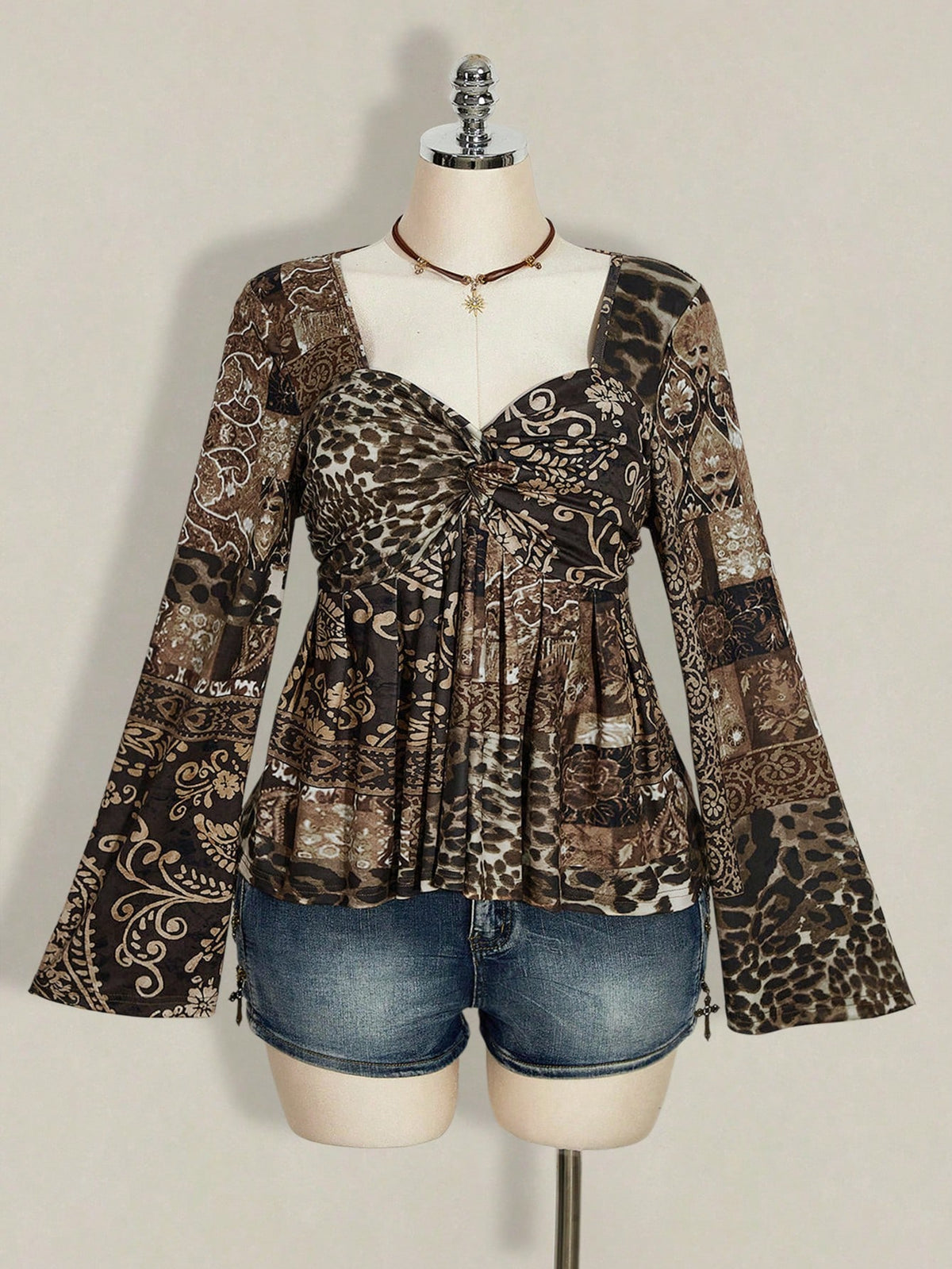 ICON Women's Plus Size Black Autumn Boho Vacation Y2K Leopard Paisley Mixed Print V-Neck Long Sleeve T-Shirt,Retro Knotted Flare Chest Brown Top