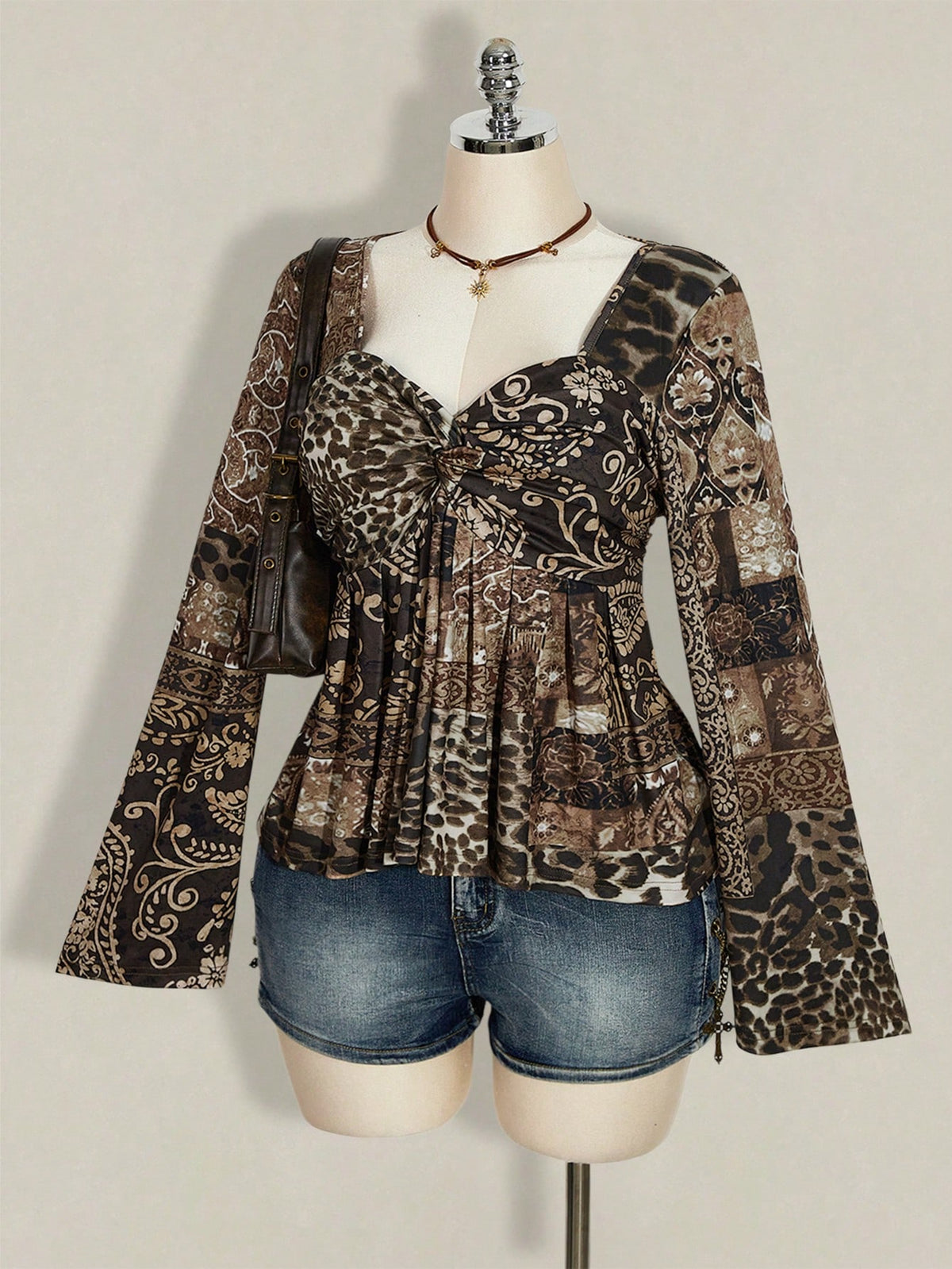 ICON Women's Plus Size Black Autumn Boho Vacation Y2K Leopard Paisley Mixed Print V-Neck Long Sleeve T-Shirt,Retro Knotted Flare Chest Brown Top