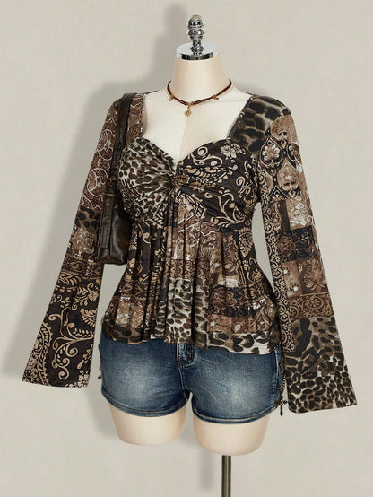 ICON Women's Plus Size Black Autumn Boho Vacation Y2K Leopard Paisley Mixed Print V-Neck Long Sleeve T-Shirt,Retro Knotted Flare Chest Brown Top