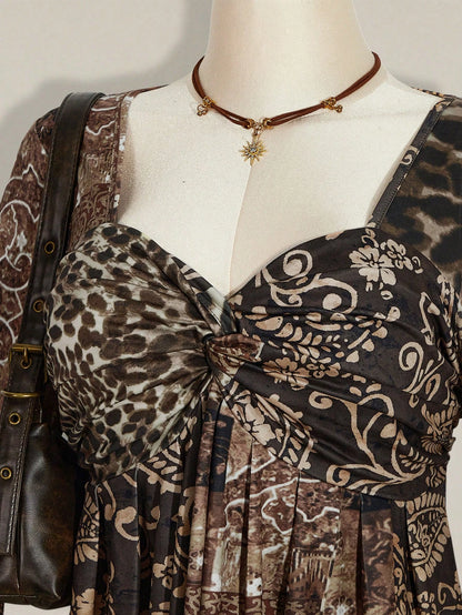ICON Women's Plus Size Black Autumn Boho Vacation Y2K Leopard Paisley Mixed Print V-Neck Long Sleeve T-Shirt,Retro Knotted Flare Chest Brown Top