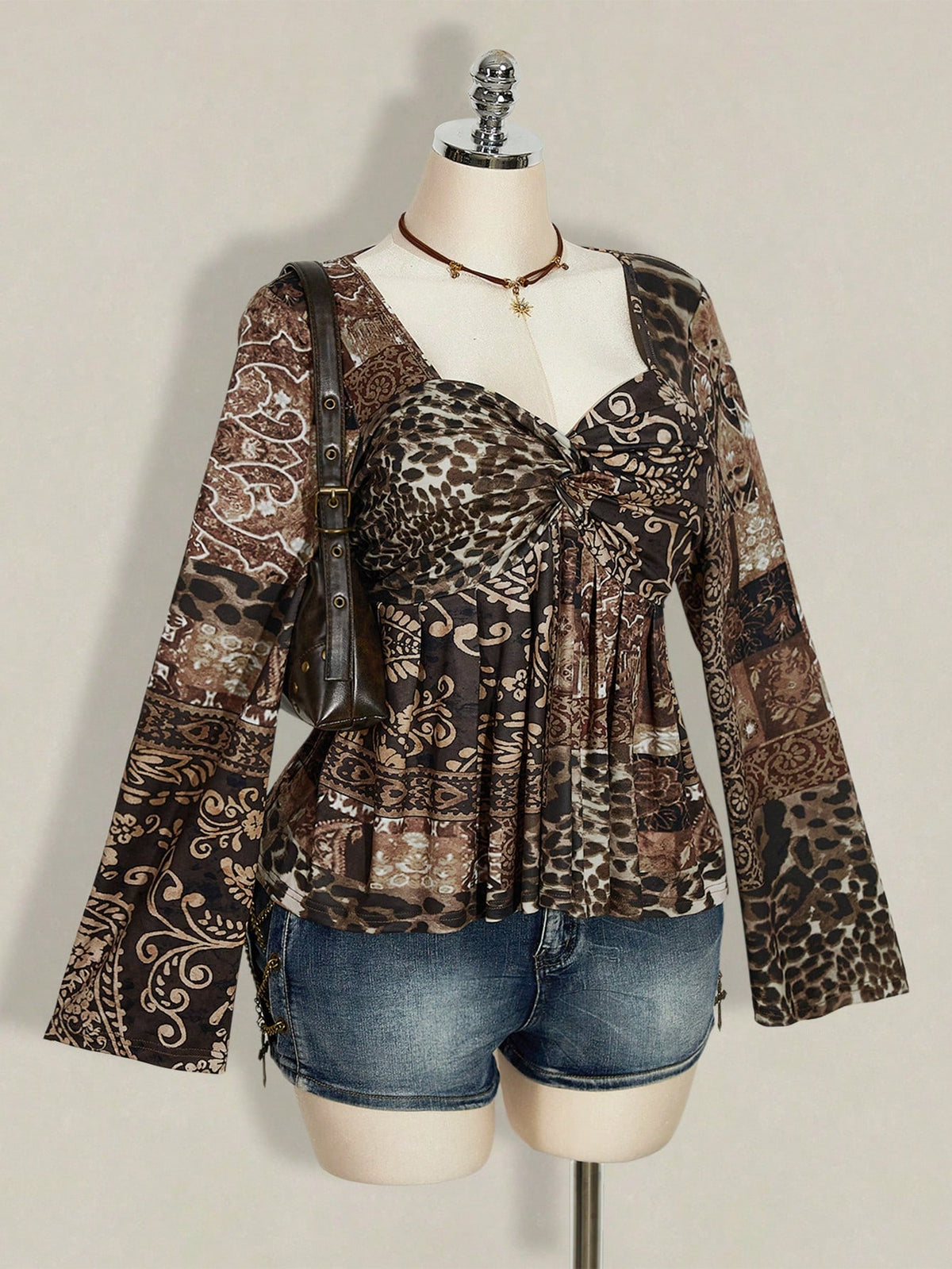 ICON Women's Plus Size Black Autumn Boho Vacation Y2K Leopard Paisley Mixed Print V-Neck Long Sleeve T-Shirt,Retro Knotted Flare Chest Brown Top