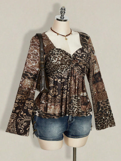 ICON Women's Plus Size Black Autumn Boho Vacation Y2K Leopard Paisley Mixed Print V-Neck Long Sleeve T-Shirt,Retro Knotted Flare Chest Brown Top