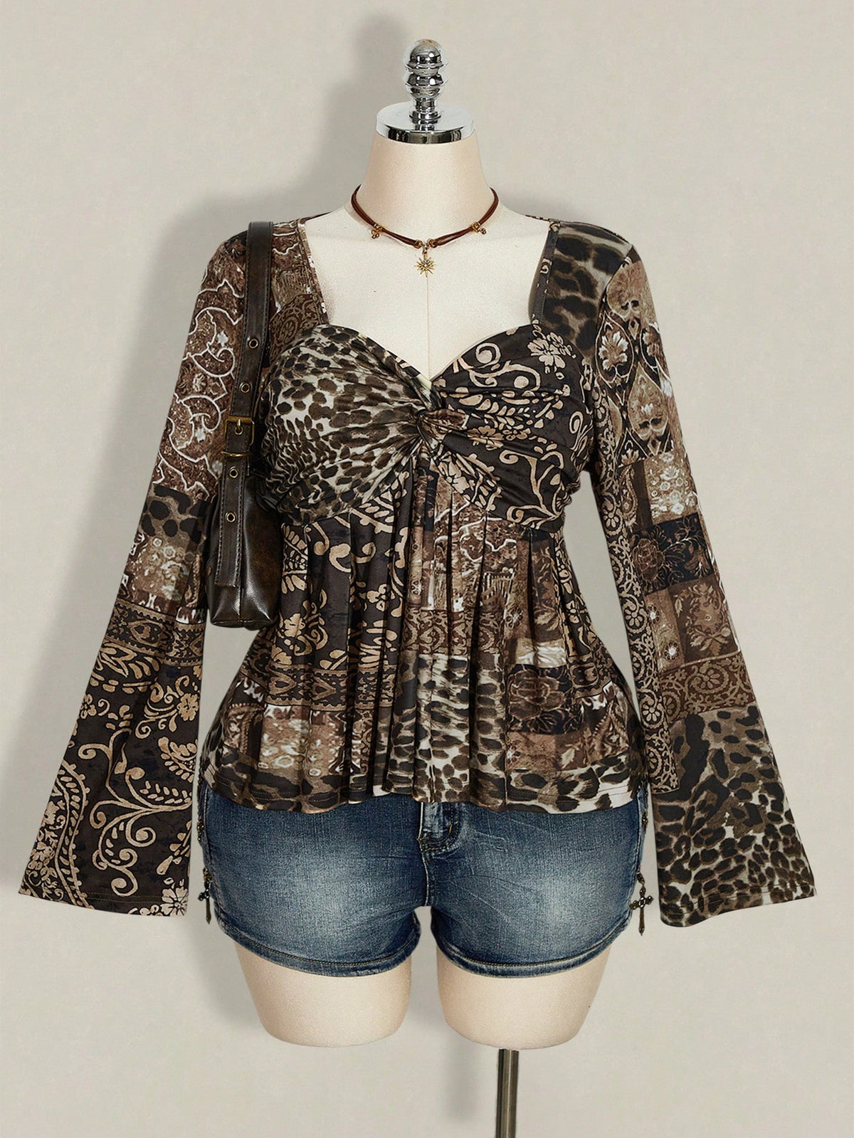 ICON Women's Plus Size Black Autumn Boho Vacation Y2K Leopard Paisley Mixed Print V-Neck Long Sleeve T-Shirt,Retro Knotted Flare Chest Brown Top
