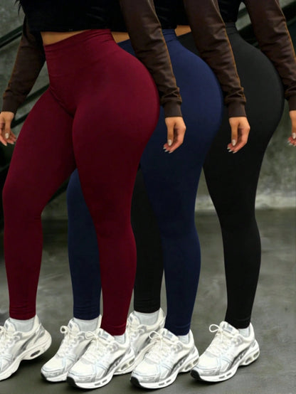 INAWLY 3pcs Women's Casual Solid Color High Waist Slimming Pants