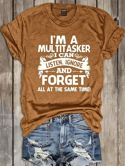 INAWLY Plus Size Summer Casual Cool Letter Print Short Sleeve T-Shirt, I Am A Multitasker, I Can Listen, Ignore And Forget Everything Simultaneously. Graphic T-Shirt Women's Top