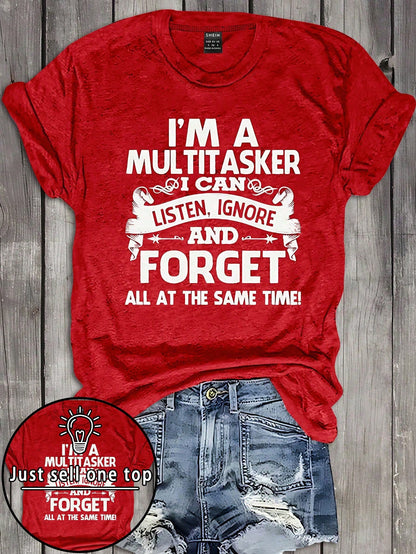 INAWLY Plus Size Summer Casual Cool Letter Print Short Sleeve T-Shirt, I Am A Multitasker, I Can Listen, Ignore And Forget Everything Simultaneously. Graphic T-Shirt Women's Top
