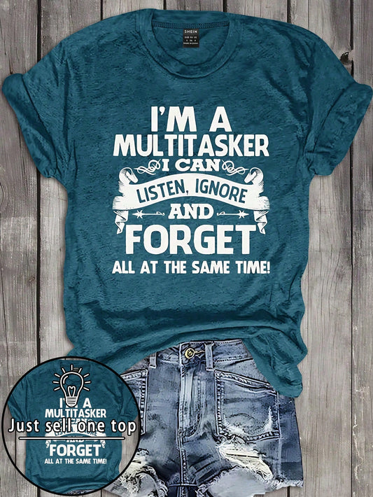 INAWLY Plus Size Teal Summer Casual Graphic Short Sleeve T-Shirt,I'M A MULTITASKER I CAN LISTEN,IGNORE AND FORGET ALL AT THE SAME TIME Everyday Women Tops