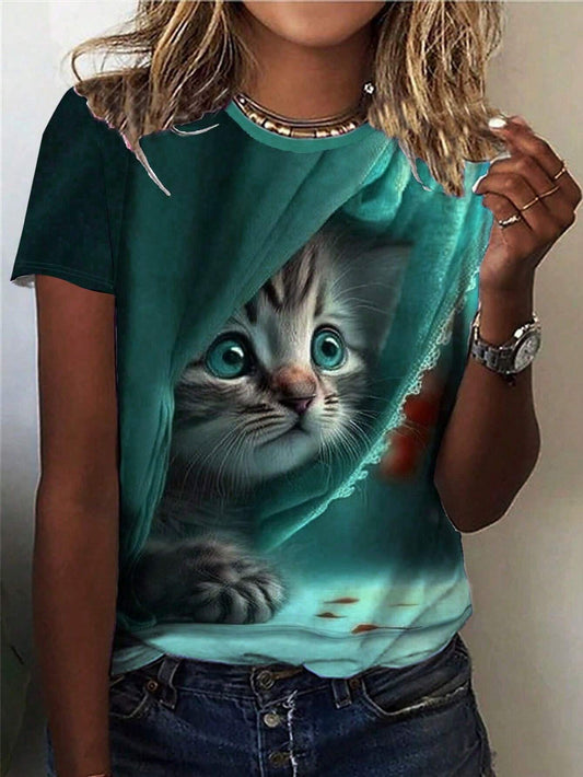 INAWLY Plus Size Women Cat Print Round Neck Short Sleeve Casual T-Shirt For Summer Graphic Tees Women Tops