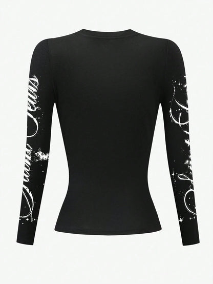 INAWLY Slogan & Eye Graphic Print Women Long Sleeve Fitted Crew Neck T-Shirt