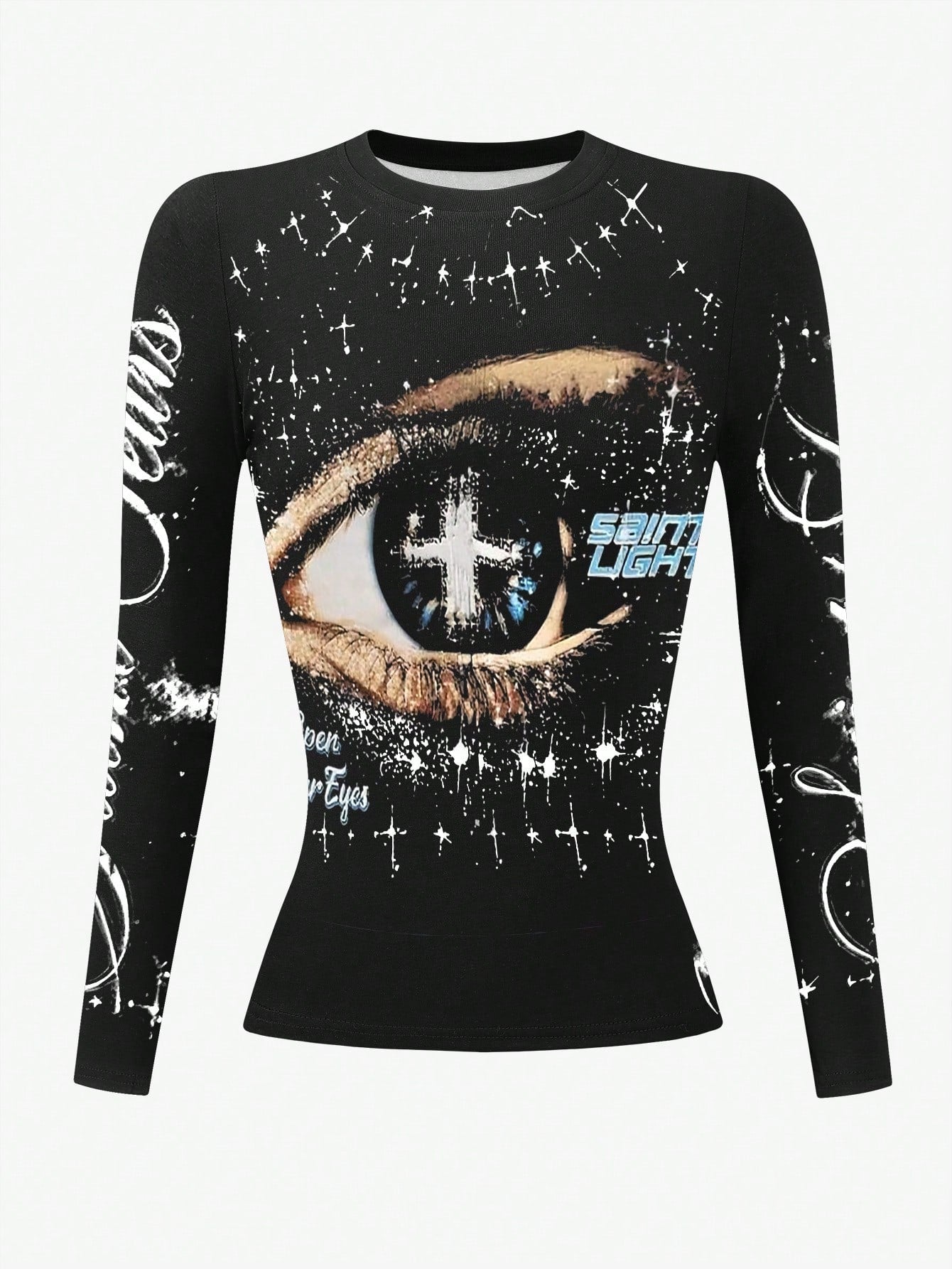 INAWLY Slogan & Eye Graphic Print Women Long Sleeve Fitted Crew Neck T-Shirt