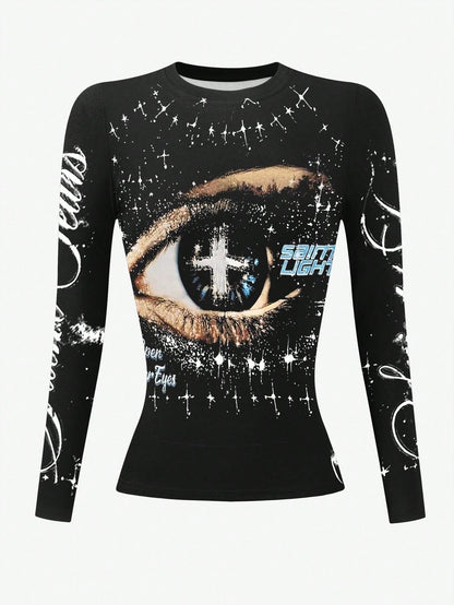 INAWLY Slogan & Eye Graphic Print Women Long Sleeve Fitted Crew Neck T-Shirt