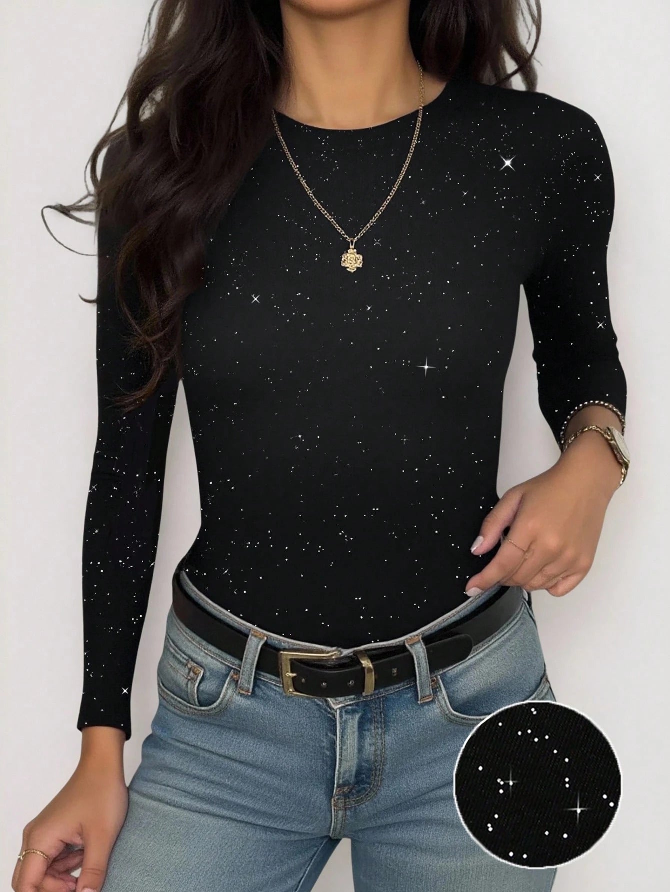 INAWLY Slogan & Eye Graphic Print Women Long Sleeve Fitted Crew Neck T-Shirt