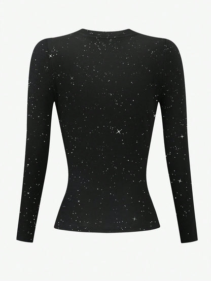 INAWLY Slogan & Eye Graphic Print Women Long Sleeve Fitted Crew Neck T-Shirt
