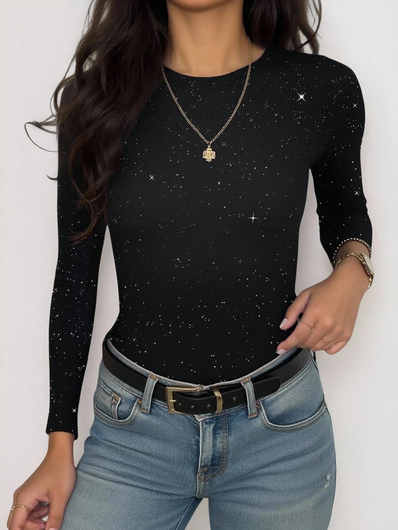 INAWLY Slogan & Eye Graphic Print Women Long Sleeve Fitted Crew Neck T-Shirt