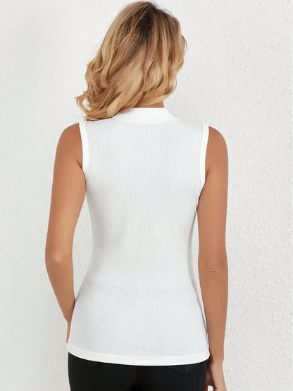 INAWLY Solid Color Turtleneck Ribbed Knit Tank Top