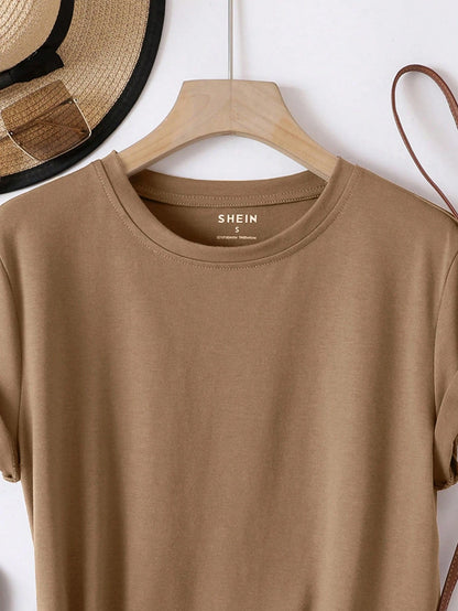 INAWLY Solid Round Neck Tee