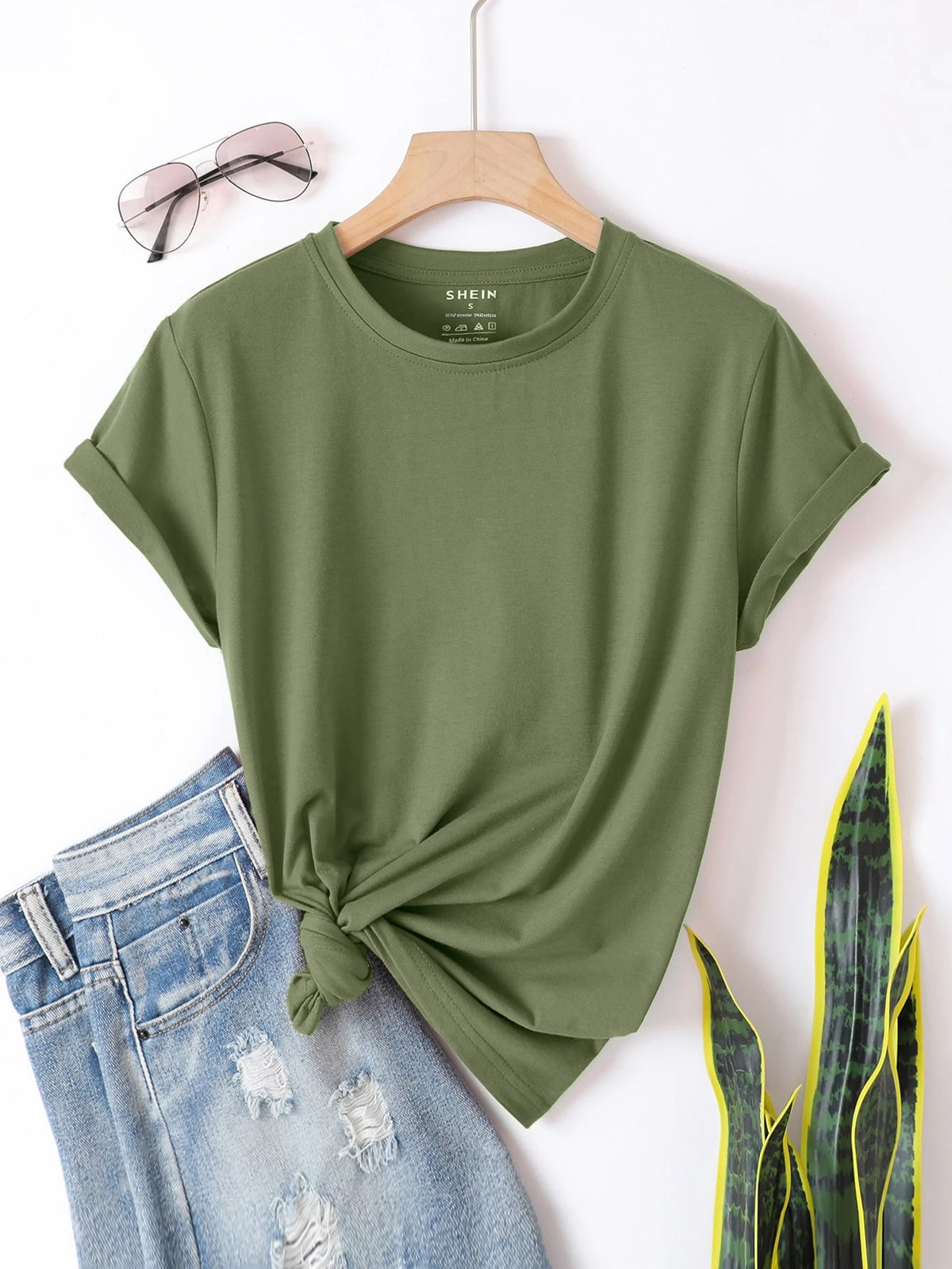 INAWLY Solid Round Neck Tee