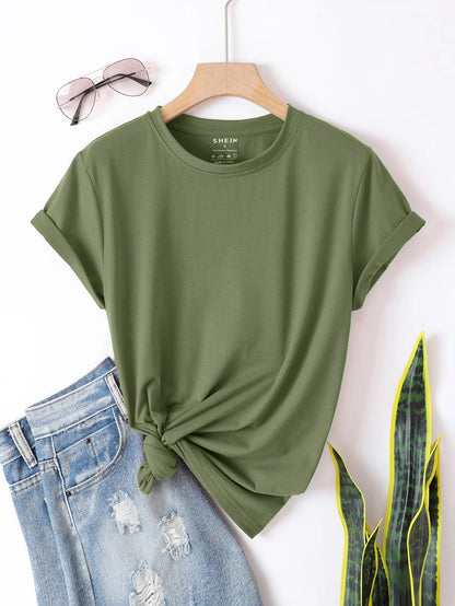 INAWLY Solid Round Neck Tee