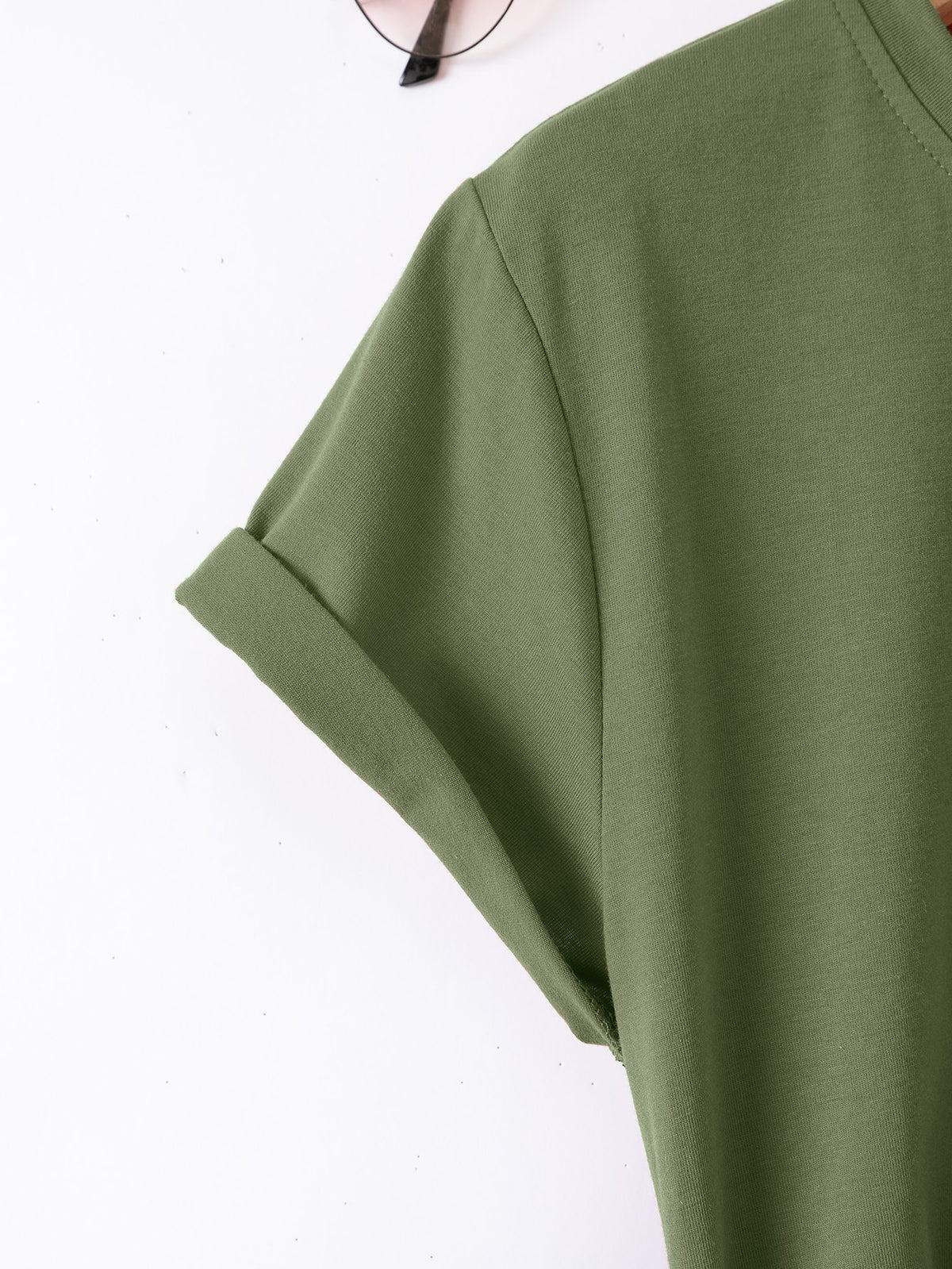 INAWLY Solid Round Neck Tee