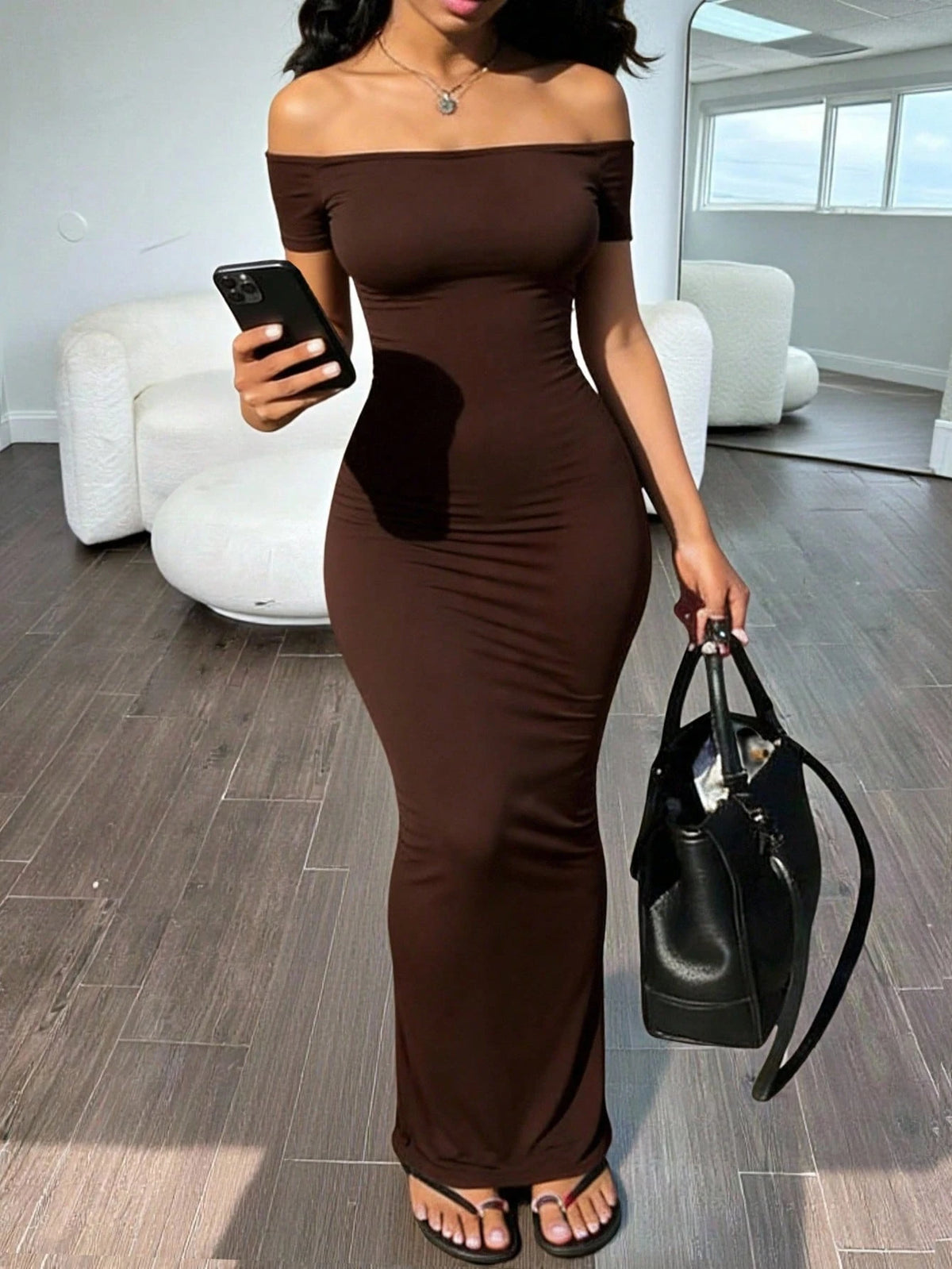 INAWLY Solva Women's Solid Color Off-Shoulder Ruched Waist Elegant Party Dress