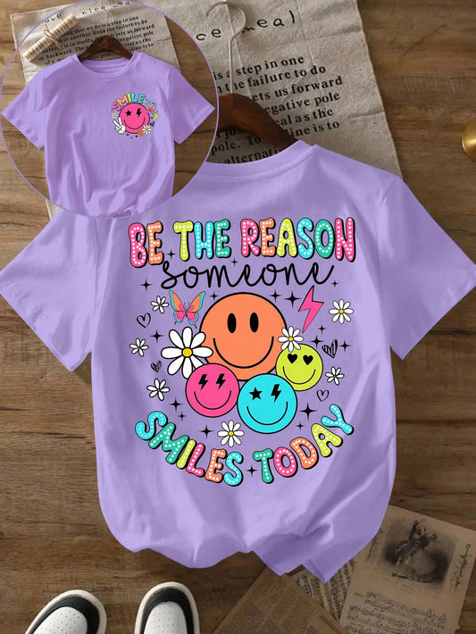 INAWLY Women Letter & Smile Print Round Neck Casual Versatile Short Sleeve T-Shirt, Summer