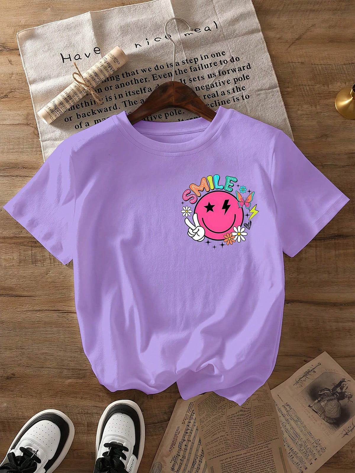 INAWLY Women Letter & Smile Print Round Neck Casual Versatile Short Sleeve T-Shirt, Summer