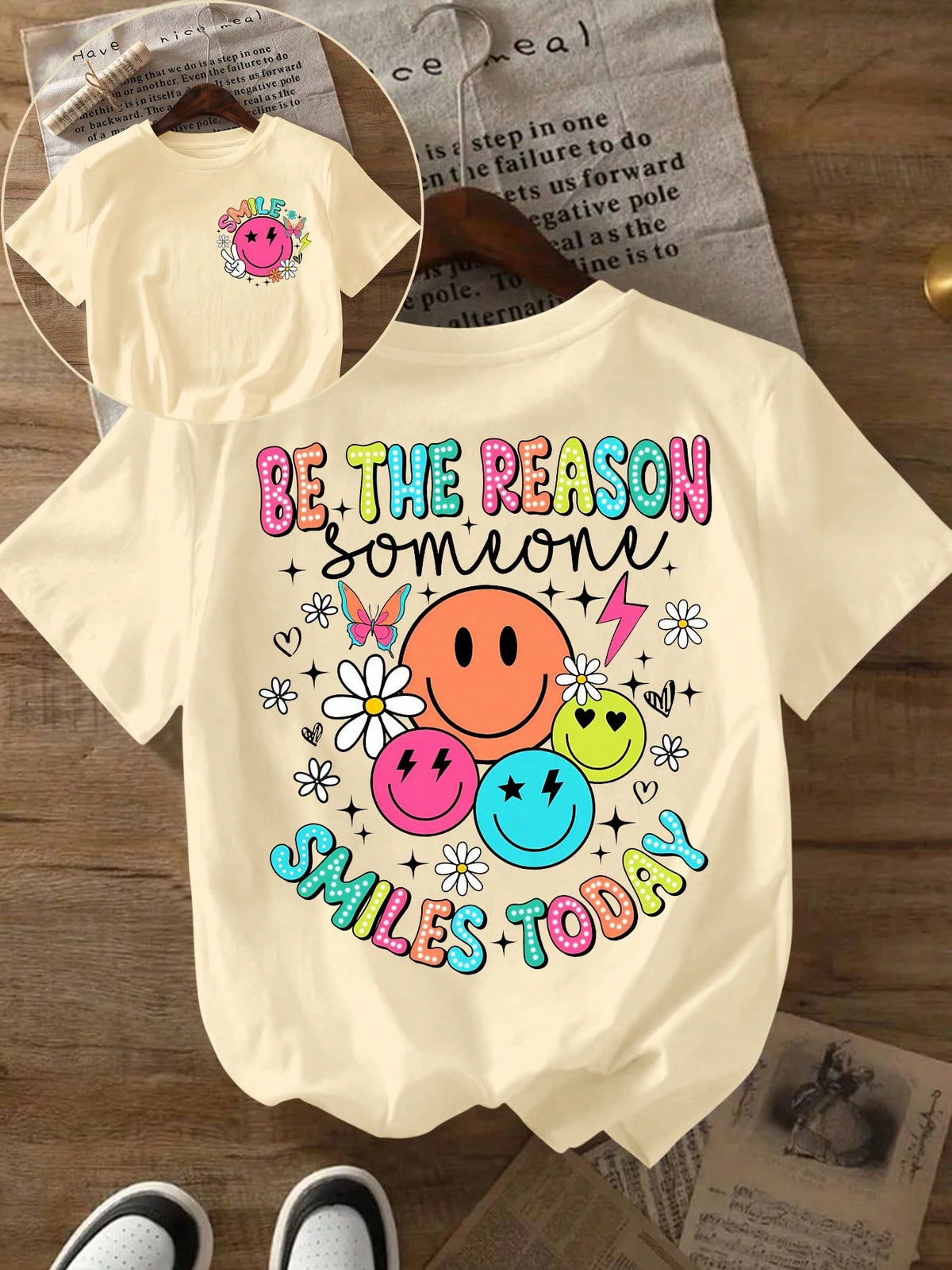 INAWLY Women Letter & Smile Print Round Neck Casual Versatile Short Sleeve T-Shirt, Summer