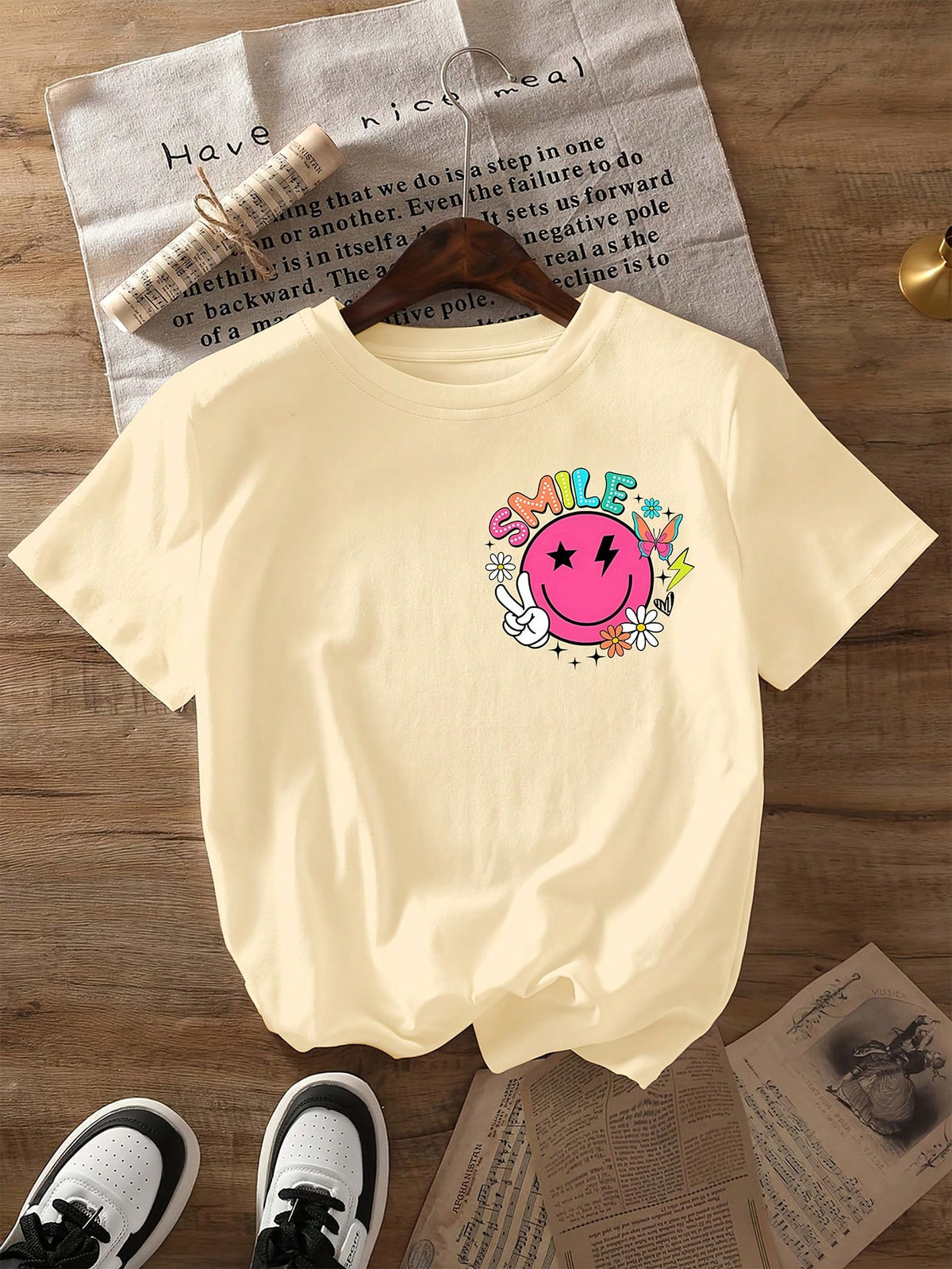 INAWLY Women Letter & Smile Print Round Neck Casual Versatile Short Sleeve T-Shirt, Summer