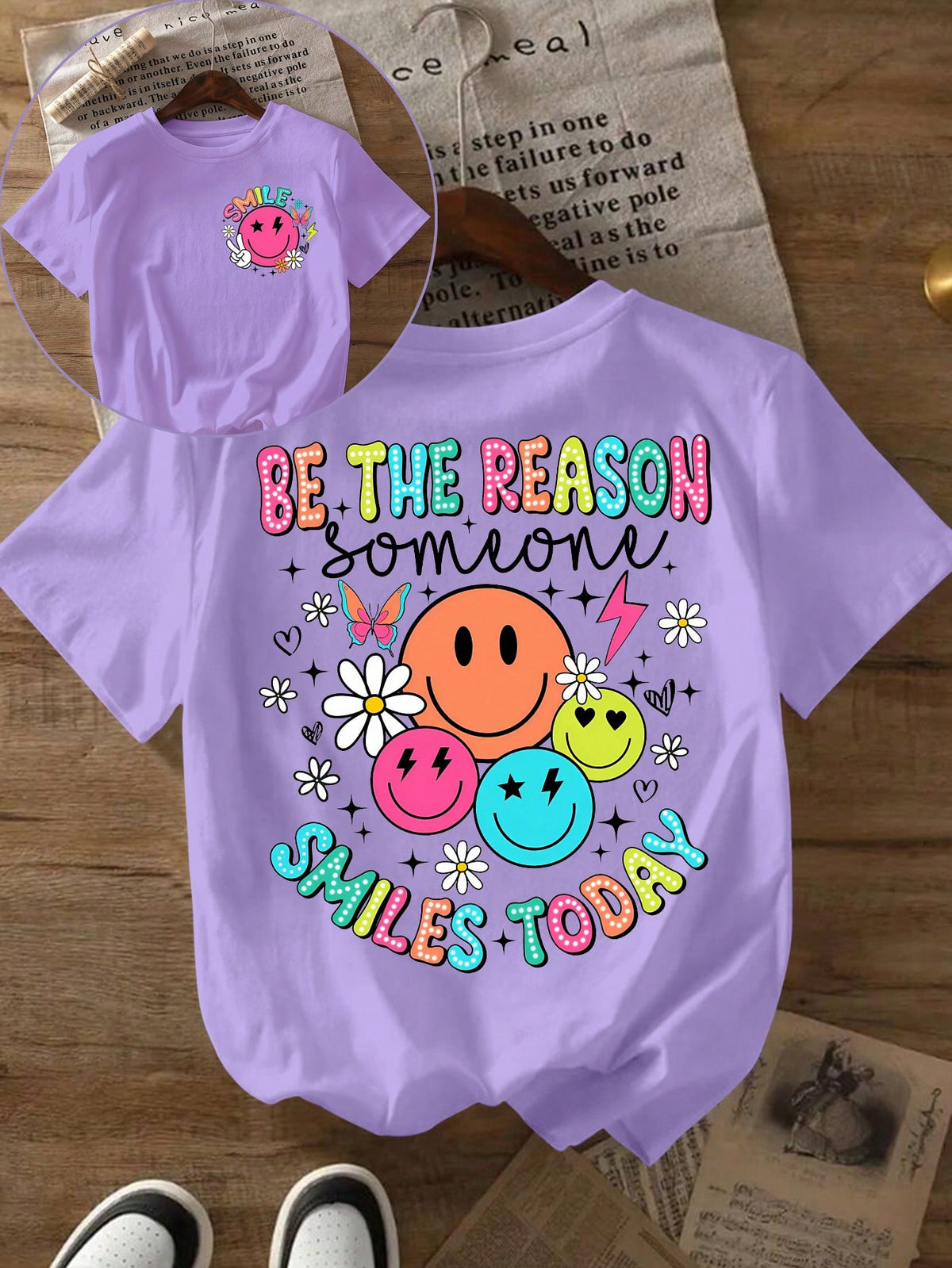 INAWLY Women Letter & Smile Print Round Neck Casual Versatile Short Sleeve T-Shirt, Summer