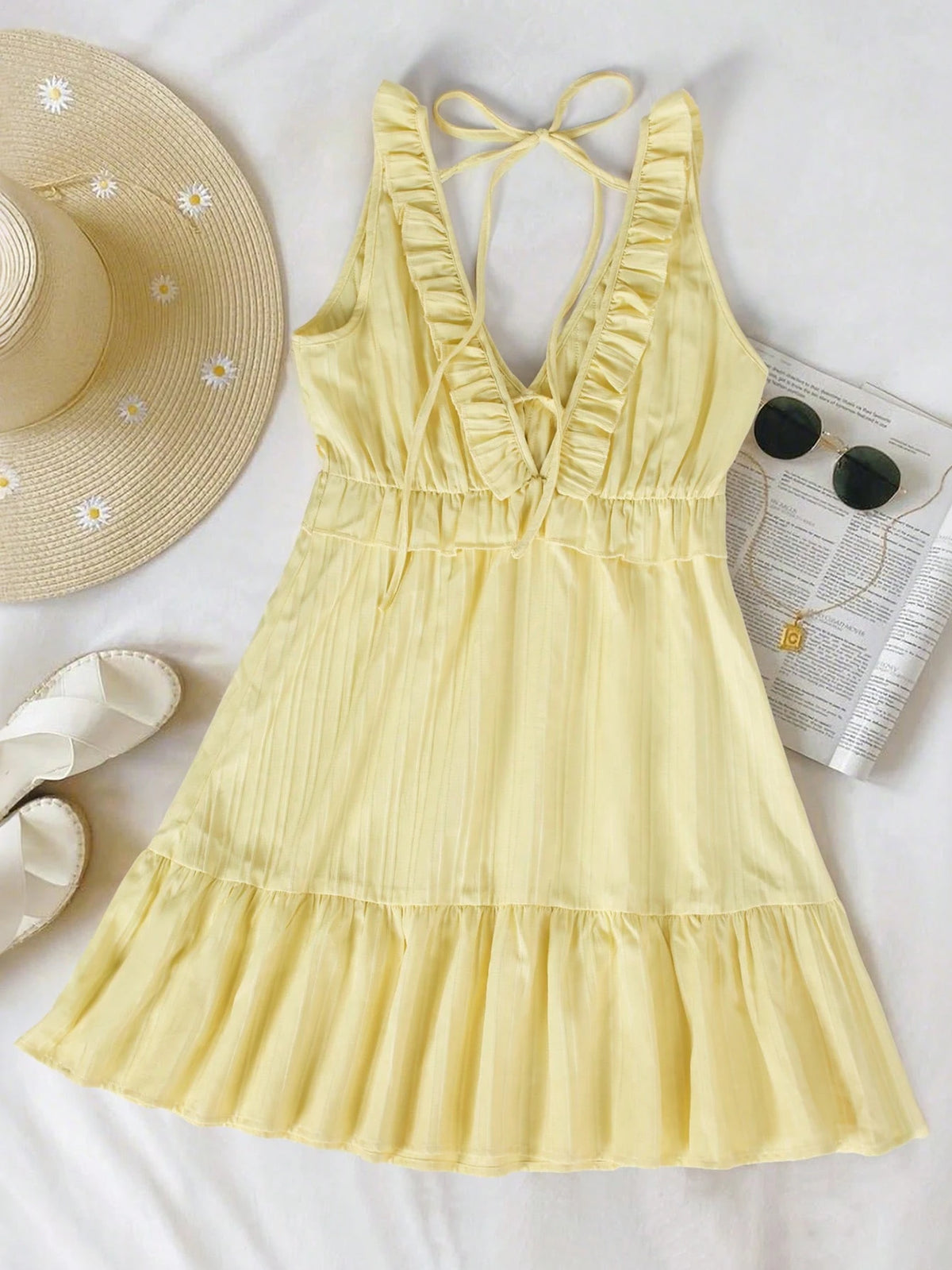 INAWLY Women's Ruffle Strap Minimal Solid Color Yellow Mini Dress, Casual Vacation Style, Summer