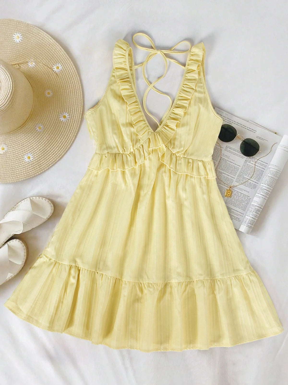 INAWLY Women's Ruffle Strap Minimal Solid Color Yellow Mini Dress, Casual Vacation Style, Summer