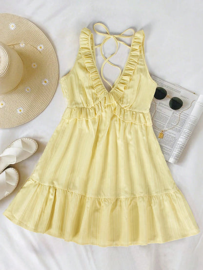 INAWLY Women's Ruffle Strap Minimal Solid Color Yellow Mini Dress, Casual Vacation Style, Summer
