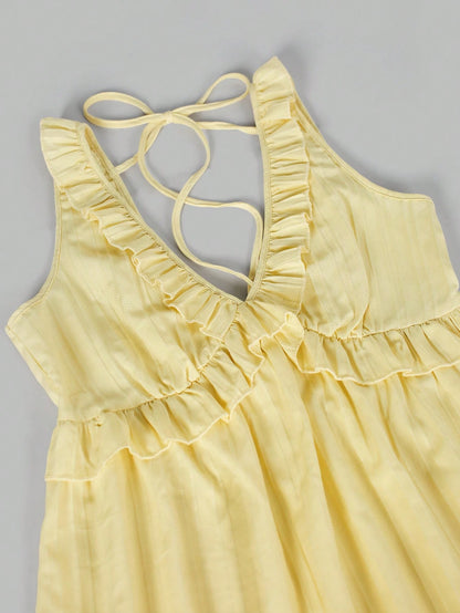 INAWLY Women's Ruffle Strap Minimal Solid Color Yellow Mini Dress, Casual Vacation Style, Summer