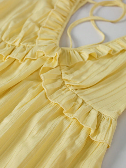 INAWLY Women's Ruffle Strap Minimal Solid Color Yellow Mini Dress, Casual Vacation Style, Summer