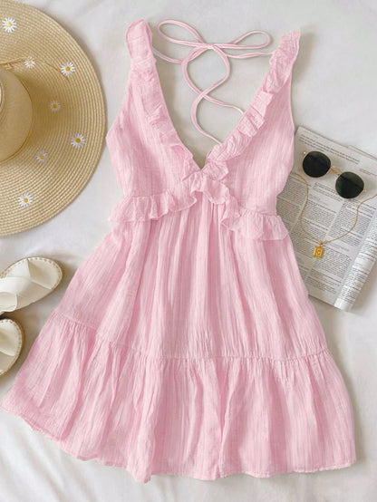 INAWLY Women's Ruffle Strap Minimal Solid Color Yellow Mini Dress, Casual Vacation Style, Summer