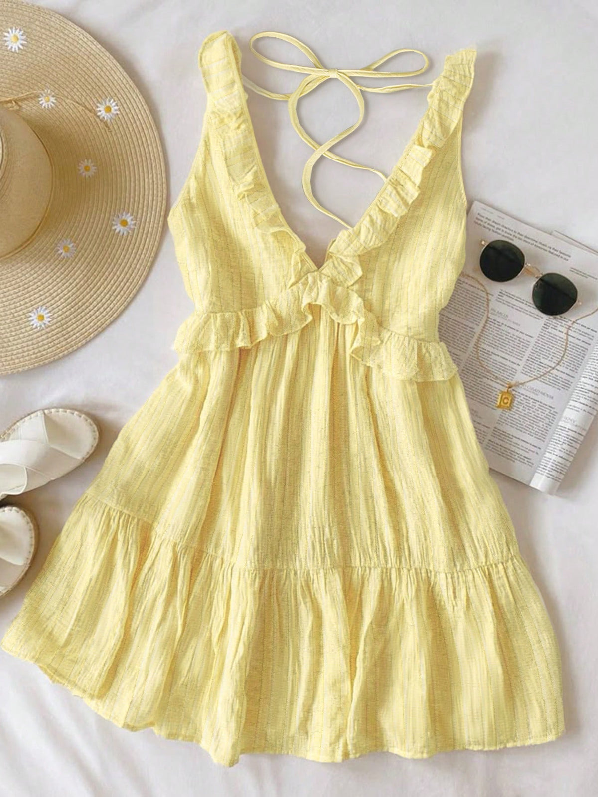 INAWLY Women's Ruffle Strap Minimal Solid Color Yellow Mini Dress, Casual Vacation Style, Summer