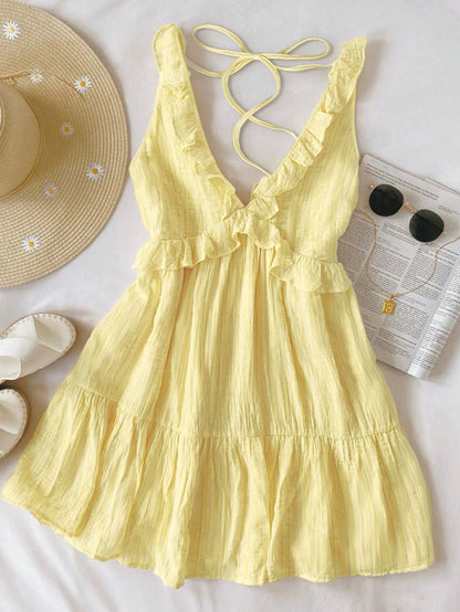 INAWLY Women's Ruffle Strap Minimal Solid Color Yellow Mini Dress, Casual Vacation Style, Summer