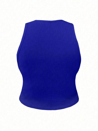INAWLY Women's Solid Color Crew Neck Sleeveless Ribbed Fitted Tank Top, Summer Everyday Royal Blue Casual