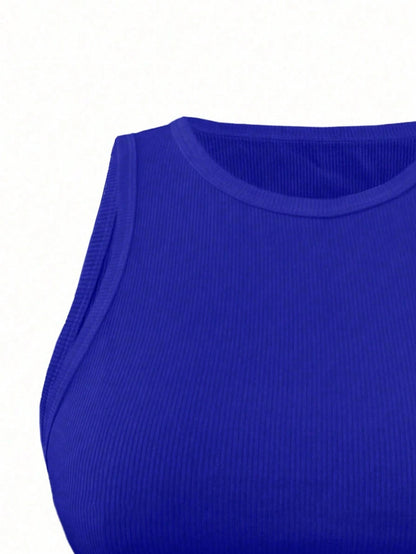 INAWLY Women's Solid Color Crew Neck Sleeveless Ribbed Fitted Tank Top, Summer Everyday Royal Blue Casual