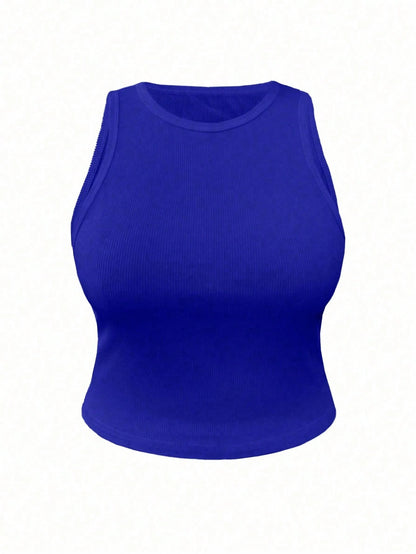 INAWLY Women's Solid Color Crew Neck Sleeveless Ribbed Fitted Tank Top, Summer Everyday Royal Blue Casual